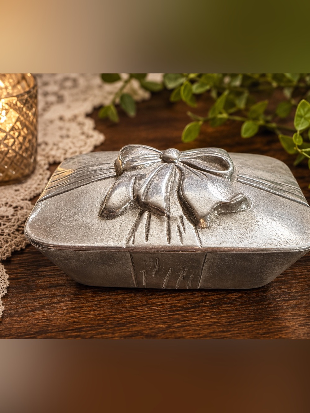 Vintage Seagull Pewter Bow Trinket Box 1980s Canada Keepsake Jewelry Case